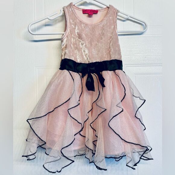 Betsey Johnson Size 2T Girls Party Dress Pink Black Glittery Velvet TULLE - Picture 1 of 6